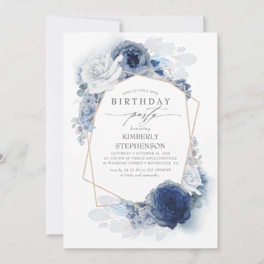 Blue Floral Modern Birthday Party Einladung (Vorderseite)
