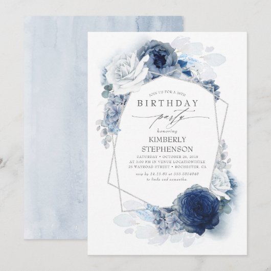 Blue Floral Modern Birthday Party Einladung (Vorne/Hinten)