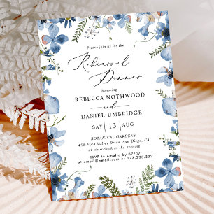 Blue Floral Modern Probe Dinner Hochzeit Einladung