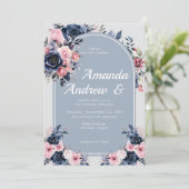 Blue Floral Modern Wedding Einladung (Stehend Vorderseite)