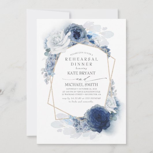 Blue Floral Modernes Probe Dinner Einladung (Vorderseite)
