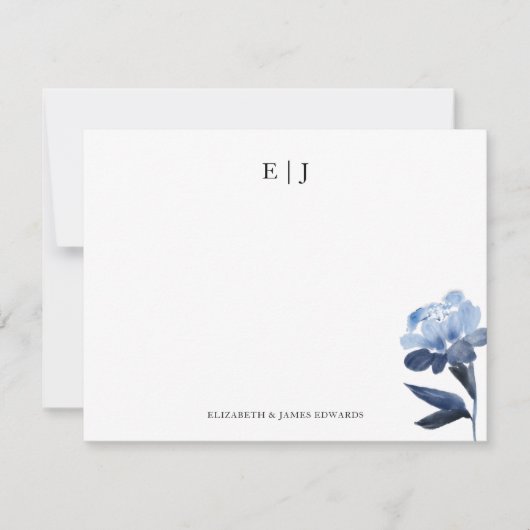 Blue Floral Monogram Couple Initials Personalisier Mitteilungskarte (Vorderseite)