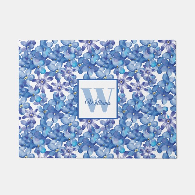 Blue Floral Monogram Fußmatte (Vorderseite)