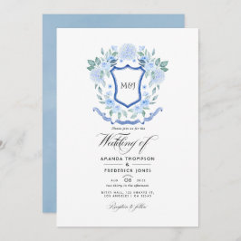 Blue Floral Monogram Wappen Wedding Foto Einladung