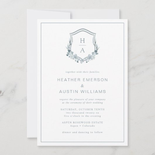 Blue Floral Monogram Wedding Einladung (Vorderseite)