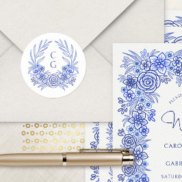 Blue Floral Monogram Wreath Wedding Runder Aufkleber