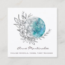 Blue Floral Moon Square Business Card