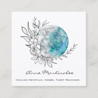 Blue Floral Moon Square Business Card Quadratische Visitenkarte