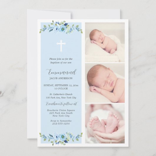 Blue Floral Multiphoto Taufe für Jungen Einladung (Vorderseite)