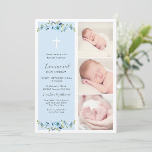 Blue Floral Multiphoto Taufe für Jungen Einladung (Stehend Vorderseite)