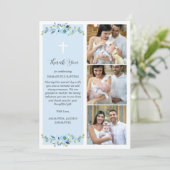 Blue Floral Multiphoto Taufe für Jungen Vielen Dan Dankeskarte (Stehend Vorderseite)