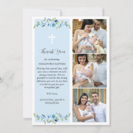 Blue Floral Multiphoto Taufe für Jungen Vielen Dan Dankeskarte