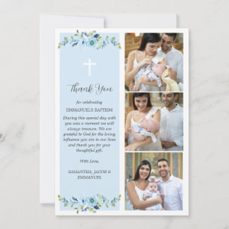 Blue Floral Multiphoto Taufe für Jungen Vielen Dan Dankeskarte