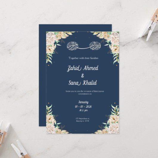 Blue Floral muslim wedding invitation Editable Einladung (Vorderseite/Rückseite Beispiel)
