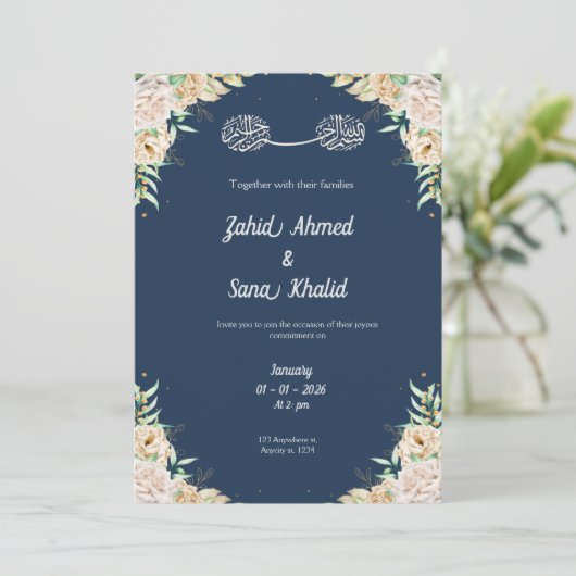 Blue Floral muslim wedding invitation Editable Einladung (Stehend Vorderseite)