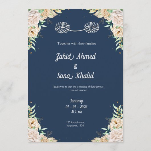 Blue Floral muslim wedding invitation Editable  Einladung (Vorderseite)