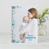 Blue floral Mutter Foto Holiday Card Dankeskarte (Stehend Vorderseite)