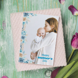 Blue floral Mutter Foto Holiday Card Dankeskarte