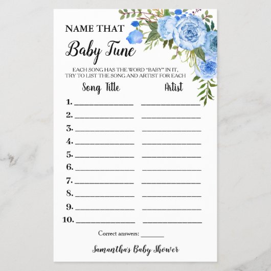 Blue Floral Name Baby Tune Baby Showspielkarte Flyer (Vorne)