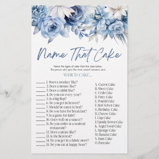 Blue Floral Name that Cake Brautparty Game Briefpapier (Vorderseite)