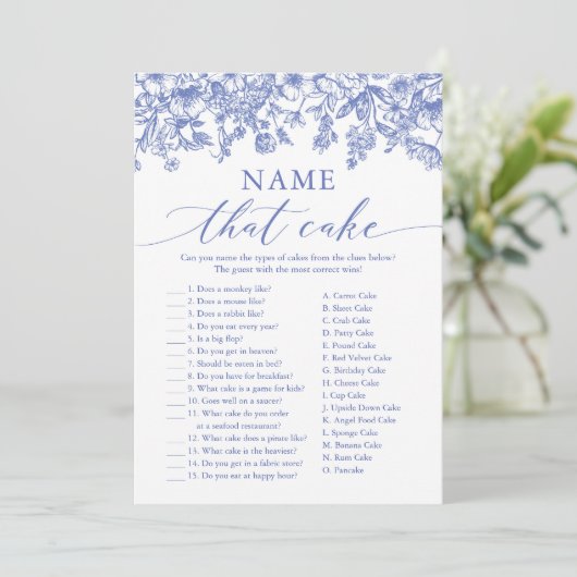 Blue Floral Name that Cake Brautparty Game Einladung (Stehend Vorderseite)