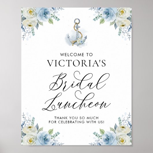 Blue Floral Nautical Bridal Luncheon Willkommen Poster (Vorne)