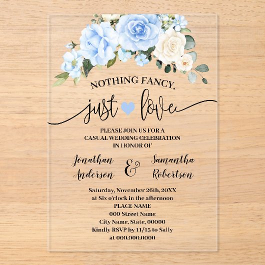 Blue Floral Nichts Extravagant nur Liebe Elopation Acryleinladungen (Vorderseite)