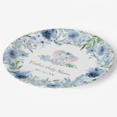 Blue Floral Niedlich Elephant Boy Baby Dusche Pappteller (Schrägansicht)