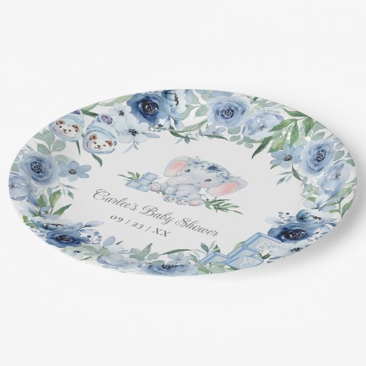 Blue Floral Niedlich Elephant Boy Baby Dusche Pappteller (Schrägansicht)