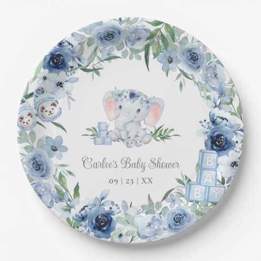 Blue Floral Niedlich Elephant Boy Baby Dusche Pappteller (Vorderseite)