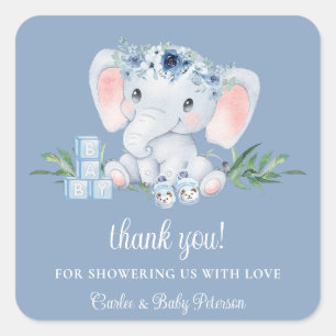 Blue Floral Niedlich Elephant Boy Babydusche Aufkl Quadratischer Aufkleber