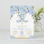 Blue Floral Niedlich Elephant Taufe Christening Einladung (Stehend Vorderseite)
