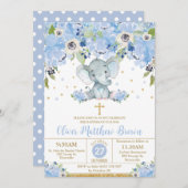 Blue Floral Niedlich Elephant Taufe Christening Einladung (Vorne/Hinten)