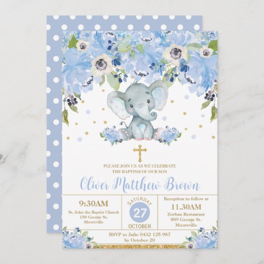 Blue Floral Niedlich Elephant Taufe Christening Einladung (Vorne/Hinten)
