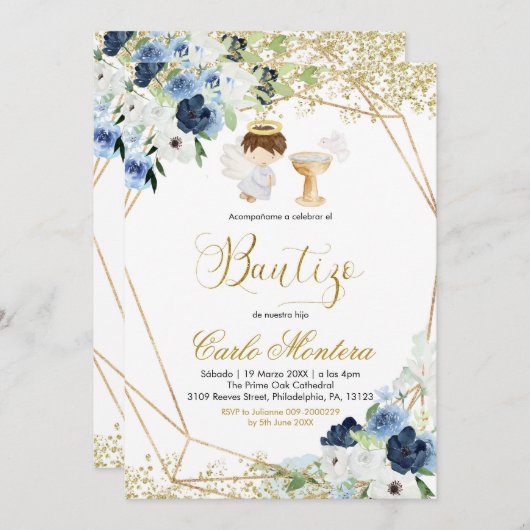 Blue Floral Niñ o Bautizo Einladung (Vorne/Hinten)