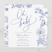 Blue Floral Oh Baby Dusche Einladung (Vorne/Hinten)