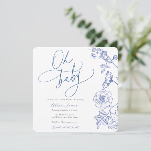 Blue Floral Oh Baby Dusche Einladung (Stehend Vorderseite)