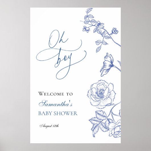 Blue Floral Oh Boy Baby Dusche Willkommen Poster (Vorne)