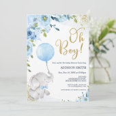 Blue Floral Oh Boy Elephant Baby Dusche Einladung (Stehend Vorderseite)