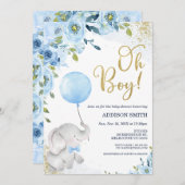 Blue Floral Oh Boy Elephant Baby Dusche Einladung (Vorne/Hinten)