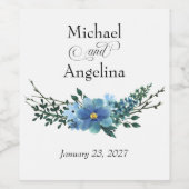 Blue Floral on White Wedding Weinetikett (Einzelnes Label)