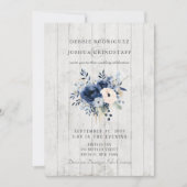 Blue Floral on Wood Wedding Invitation Einladung (Vorderseite)