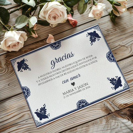 Blue Floral Otomi Simple Fiesta Spanish Wedding Dankeskarte