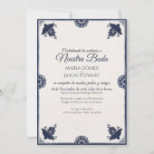 Blue Floral Otomi Simple Fiesta Spanish Wedding Einladung (Vorderseite)