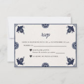 Blue Floral Otomi Simple Fiesta Spanish Wedding RSVP Karte (Vorderseite)