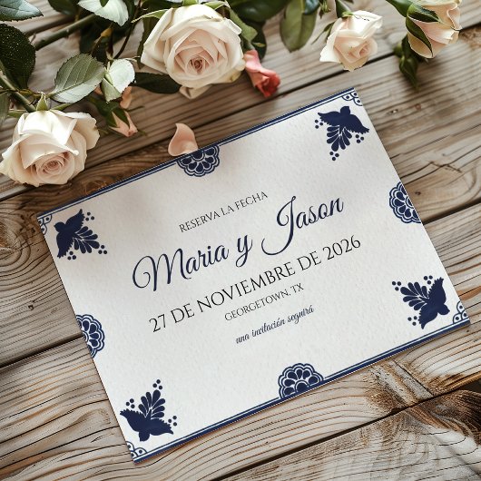 Blue Floral Otomi Simple Fiesta Spanish Wedding Save The Date