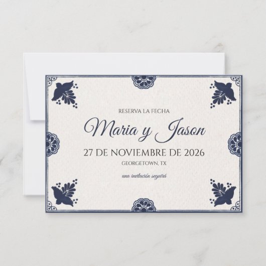 Blue Floral Otomi Simple Fiesta Spanish Wedding Save The Date (Vorderseite)