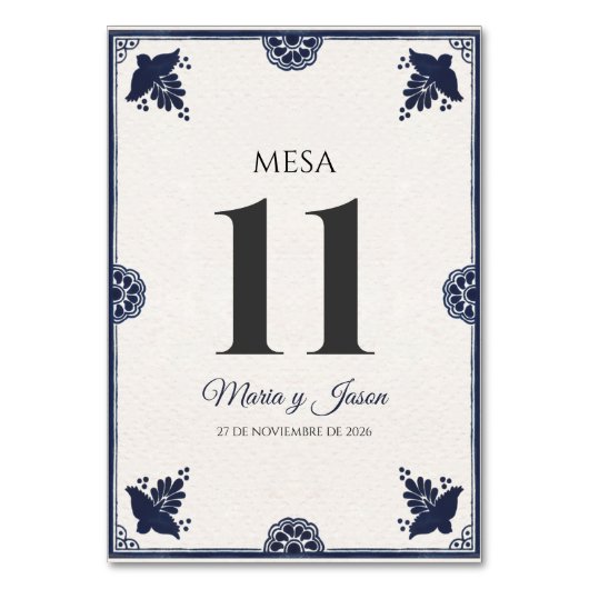 Blue Floral Otomi Simple Fiesta Spanish Wedding Tischnummer (Vorderseite)