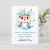Blue Floral Otter Watercolor Boy Baby Dusche Einladung (Stehend Vorderseite)