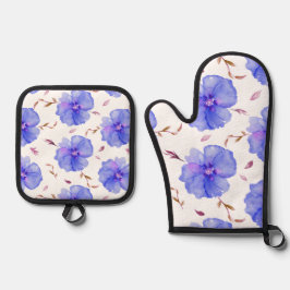 Blue Floral Oven Mitt & Pot Holder - Geschenk für Ofenhandschuh & Topflappen-Set